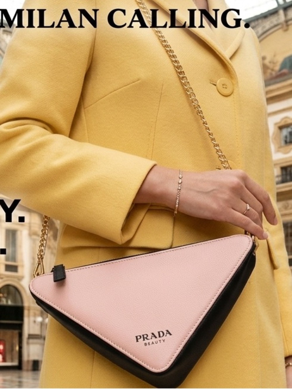 Stunning !Prada Pink and Black Triangle Cosmetic Crossbody Bag with Gold Chain